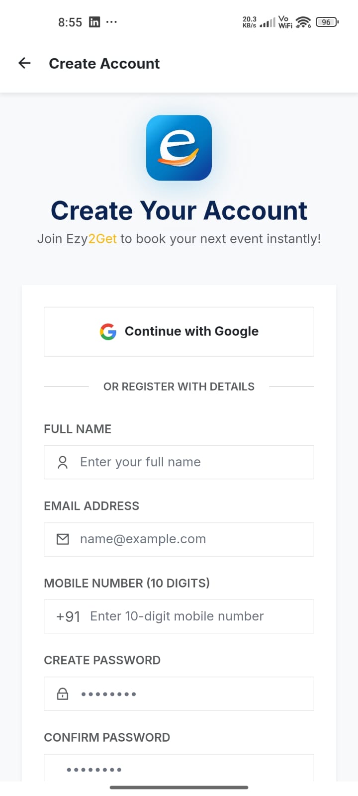 Ezy2Get App - Quick Event Booking Form